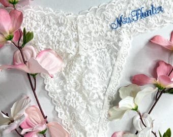 Victoria’s Secret Personalized White Bridal Thong|Embroidered Cursive Font| Something Blue| Wedding Underwear| Bridal Gift| Bridal Panty