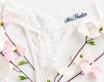 Victoria’s Secret Personalized White Bridal Thong|Embroidered Cursive Font| Something Blue| Wedding Underwear| Bridal Gift| Bridal Panty