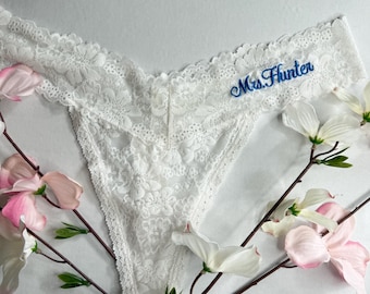 Victoria’s Secret Personalized White Bridal Thong|Embroidered Cursive Font| Something Blue| Wedding Underwear| Bridal Gift| Bridal Panty