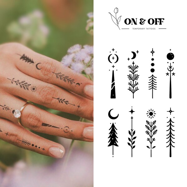 Temporary Finger Tattoo | Wilderness Pack x 16 units | Minimalist Whimsical Nature Outdoor Camping Folk Hippie Adventure | Fake | Washable