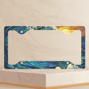 Stained Glass Ocean Wave License Plate Frame Beach Car Accessories Water License Plate Cover Metal Vanity Car Tag Holder New Car Driver Gift