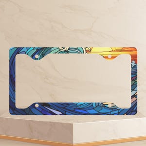 Stained Glass Ocean Wave License Plate Frame Beach Car Accessories Water License Plate Cover Metal Vanity Car Tag Holder New Car Driver Gift