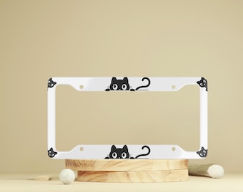 Cute Cat License Plate Frame Car Accessory for Cat Lover Animal Themed Car Decor Pet Owner Gift Unique Car Accessory Funny Peeking Black Cat