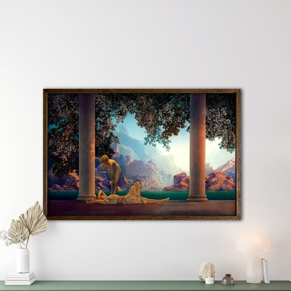 Maxfield Parrish Daybreak print, Mythological wall art, Morning, Dawn, Aurora, Nature Goddess art print, Women, Magical realism, Art nouveau