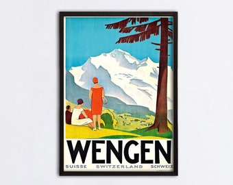 Wengen Travel Poster,Vintage Travel Print,Switzerland Wall Art Print,Canvas Print Wall Decor,Hanger Framed Print,Poster Print