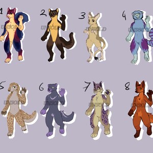 May include: A digital illustration featuring eight anthropomorphic animal characters. Each character is uniquely colored and designed, with a variety of fur patterns and poses. The background is a solid, muted purple.