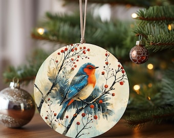 Blue Robin Bird Ceramic Ornament star shape | watercolor bird illustration