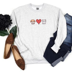 Sudadera de cuello redondo con diseño de perro y gato de anime para el día de San Valentín, regalo para parejas amantes de los animales, jersey unisex, linda camiseta de dibujos animados de San Valentín