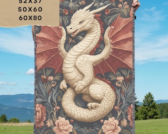 Medieval dragon, woven blanket, fantasy decor, castle throw, mythical creatures, cozy throw, custom cotton, dragon art, unique gift, warrior