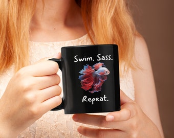 Swim. Sass. Repeat. Betta Coffee Mug Fish Dad Betta Fish Mom Mug Pet Fish Mug | Aquariums | Betta Gift
