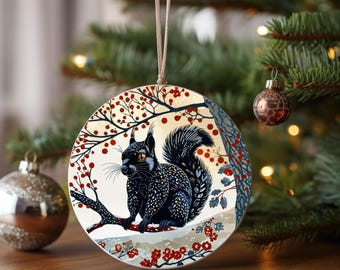 Black Squirrel Illustration Ceramic Ornament