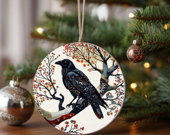 Black Raven Illustration Ceramic Ornament | Round Tree Branch Crow Holiday Decor