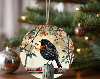 Robin Bird Illustration Ceramic Ornament | Christmas Tree Decoration