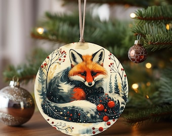Red Fox Winter Illustration Ornament | Ceramic Ornament