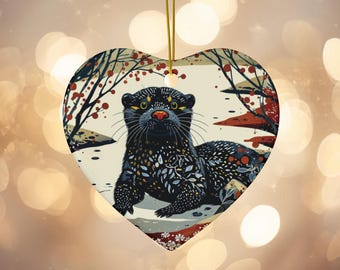 Black Otter Illustration Ceramic Ornament