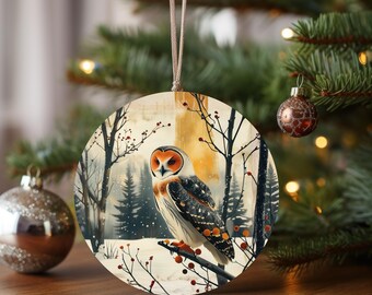 Barn Owl Winter Scene Ornament | Ceramic Star Ornament | 4 Shapes
