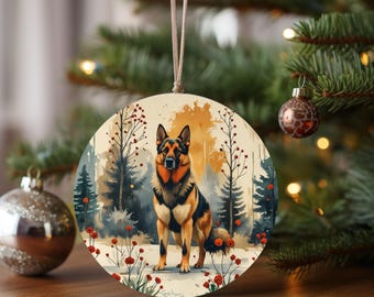 German Shepherd Woodland Scene Ornament | Ceramic Round Ornament