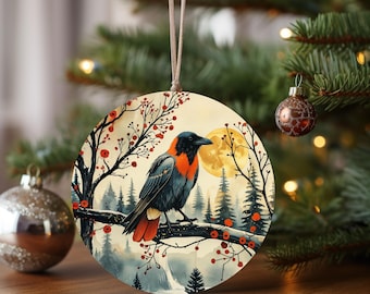 Red-Breasted Bird Ornament Ceramic Star | Woodland Nature Holiday Decor
