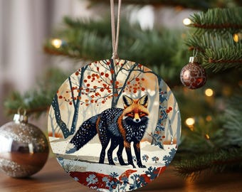 Red Fox Illustration Ceramic Ornament | Winter Woodland Decor