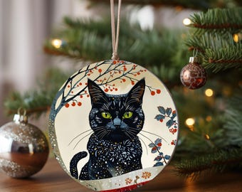 Black Cat Illustration Ceramic Ornament | Round Holiday Decoration