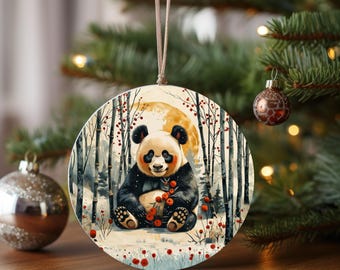 Panda with Berries Ceramic Ornament | Star Shape Holiday Decoration
