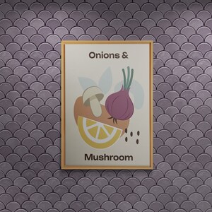 Arte de pared de lienzo de menú verde, decoración vegetariana del hogar, arte de cebolla de limón y hongos, bellas artes de dieta orgánica, arte de pared de alimentos