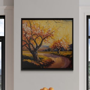Alberi autunnali su tela Decorazione murale, Arte murale foglia gialla, Pittura Sole splendente Decorazione per la casa, Regalo per gli amanti della pittura, Pronto da appendere