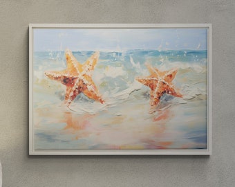 Sealife Canvas Wall Decor, Starfish Bathroom Wall Art, Beach Bathroom Home Decoration, Contemporary Canvas Artwork, Ready to Hang