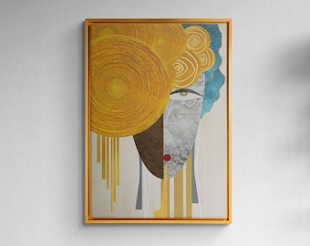 Blue Gold Abstract Canvas Wall Art, Circular Gold Woman Framed Art, Gold Blue Geometric Home Decor, Printed Canvas Ready to Hang