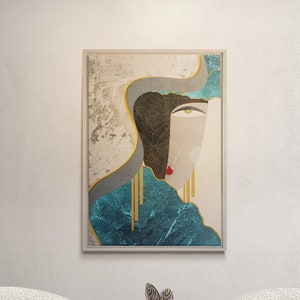 Blue Gold Abstract Canvas Wall Art, Gold Woman Framed Art, Gold Blue Large Canvas Home Decor, Printed Canvas Ready to Hang