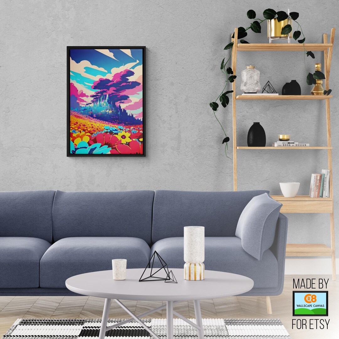 Colorful Fantasy Landscape Wall Art, Vibrant Flower Field Canvas Print ...