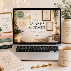 May include: A laptop screen displays a digital prayer journal titled 'Diario del Cuarto de Oración' with Spanish text, surrounded by a notebook, a mug, a gold pen, and framed wall art featuring religious quotes and small green heart icons.