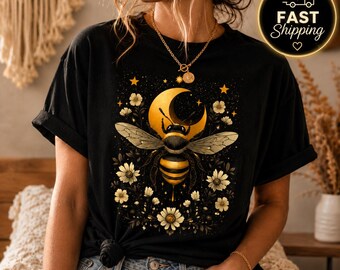 Moon Bee Boho Graphic Tee | Celestial Bumble Bee Shirt | Vintage Cottagecore T-Shirt | Witchy Nature Tee | Aesthetic Black Tee