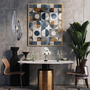 May include: A modern dining room scene featuring a round marble-topped table with a gold base, surrounded by wooden chairs. A large abstract artwork with blue, white, and brown geometric shapes hangs on the wall. Decorative vases and a potted plant complete the stylish interior.