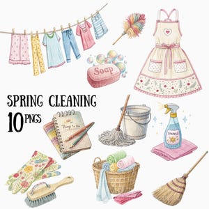 Puede incluir: Un conjunto de 10 ilustraciones digitales que representan artículos de limpieza de primavera. Las ilustraciones incluyen un delantal rosa y blanco, un trapeador y un cubo, una escoba, una botella de spray, una barra de jabón, una libreta, un par de guantes, una pala de polvo y un juego de paños de limpieza.