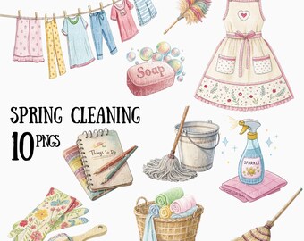 May include: A set of 10 digital illustrations featuring spring cleaning supplies. The illustrations include a pink and white apron, a mop and bucket, a broom, a spray bottle, a bar of soap, a notepad, a pair of gloves, a dustpan, and a set of cleaning cloths.