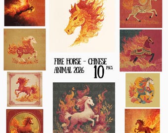 Paquete de imágenes prediseñadas PNG del Caballo de Fuego del Zodíaco Chino 2026, Ilustración del Caballo en Llamas, Arte del Año Nuevo Lunar, Imágenes del Caballo de Fuego Mítico, Descarga digital