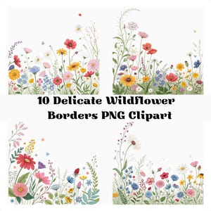 May include: Ten digital illustrations of delicate wildflower borders. Each border features a variety of colorful wildflowers, including red, pink, yellow, blue, and white flowers. The borders are perfect for adding a touch of nature to any design project.