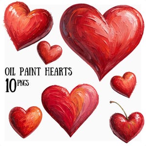 10 olieverfharten clipart, schattig liefdeshart png, penseelstreek hart png, liefde png, shirtontwerp, kaarten maken, schilderstijlharten