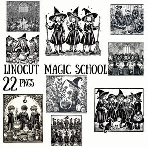 École de magie linogravure PNG Pack, 22 Images sorcière sorcier Clipart, potions herbologie bibliothèque dortoirs salle à manger chat sorcière PNG, art mystique