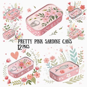15 bonitas latas de sardinas rosas, imágenes PNG con fondos transparentes, imágenes costeras, latas de sardinas con flores rosas en acuarela, imágenes PNG de pescado enlatado