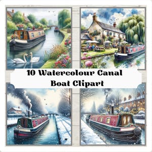 10 Watercolour Canal Boat Clipart, Narrowboat, Public House, British, River, Waterways, Canal, Navigation, POD,  Commercial License, PNG.