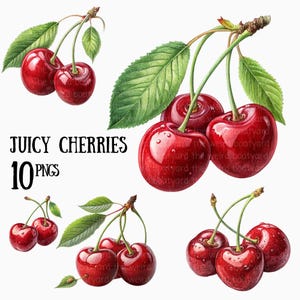 May include: Ten digital images of red cherries with green leaves. The cherries are glossy and appear to be ripe. The text "JUICY CHERRIES 10 PNGS" is at the top of the image.