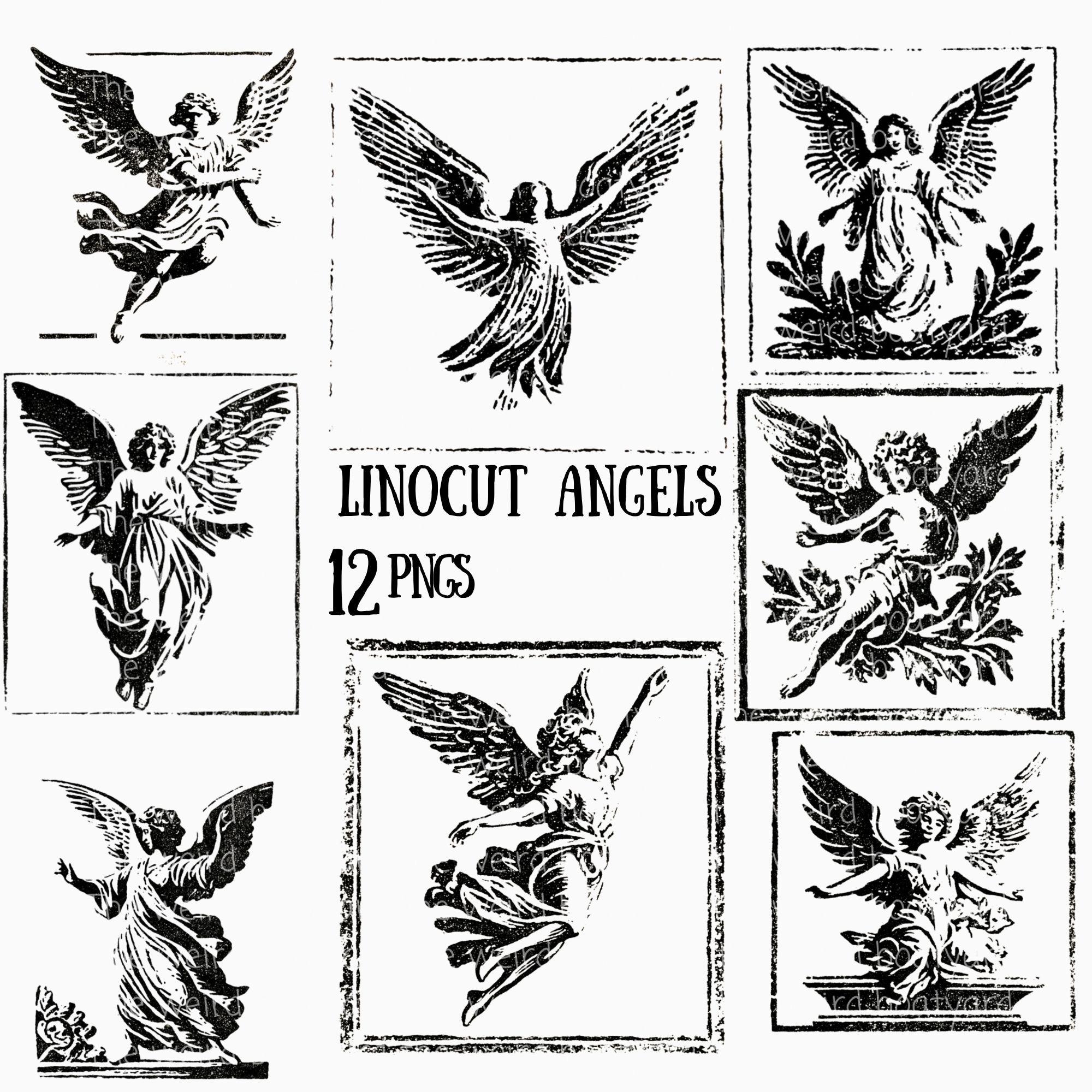Vintage Linocut Angel Clipart Set: Christmas Graphics (PNG Digital ...