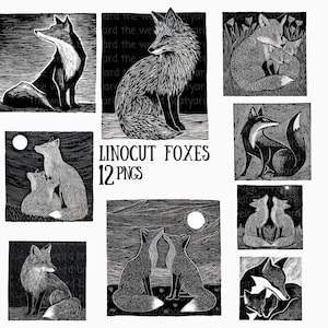 May include: A set of 12 black and white linocut fox illustrations. The images show foxes in different scenes, such as sitting, howling at the moon, and with their cubs. The text "LINOCUT FOXES 12 PNGS" is included in the image.