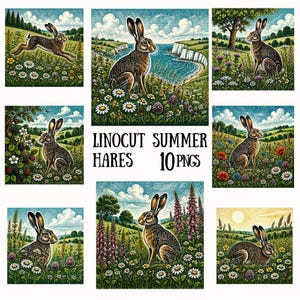 May include: A set of linocut-style images depicting hares in summer landscapes. The illustrations show hares amidst wildflowers, coastal scenes, and sunny skies. The text on the image reads "LINOCUT SUMMER HARES 10 PNGs."