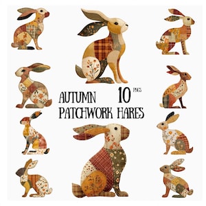Puede incluir: Una colección de diez ilustraciones de liebres de patchwork en varias poses. Las liebres están hechas de tela con patrones otoñales en tonos naranja, marrón y amarillo. Se muestra el texto "AUTUMN PATCHWORK HARES".