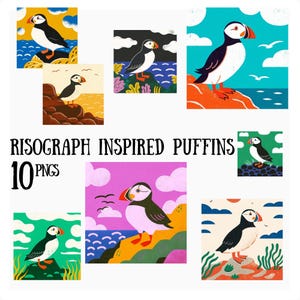 10 images clipart inspirées des macareux en risographie, art numérique rétro coloré, dessins de macareux, macareux PNG graphiques, art oiseau, cartes nature bricolage