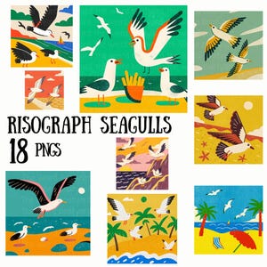 18 eccentrici Risograph, Gabbiani PNG Clipart - Uccelli marini digitali in stile Risograph retrò per scrapbooking, creazione di biglietti e artigianato costiero