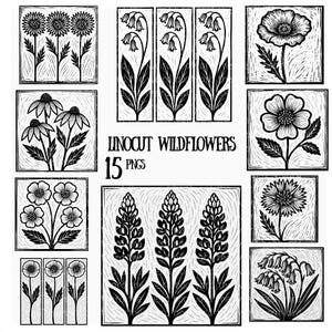 Puede incluir: Ilustraciones en linograbado en blanco y negro de varias flores silvestres, incluyendo margaritas, amapolas y campanillas. El texto "LINOCUT WILDFLOWERS" y "15 PNGS" también está presente. Las imágenes están enmarcadas.